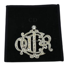 Christian Dior Vintage Silver Metal Crystals Monogram Brooch