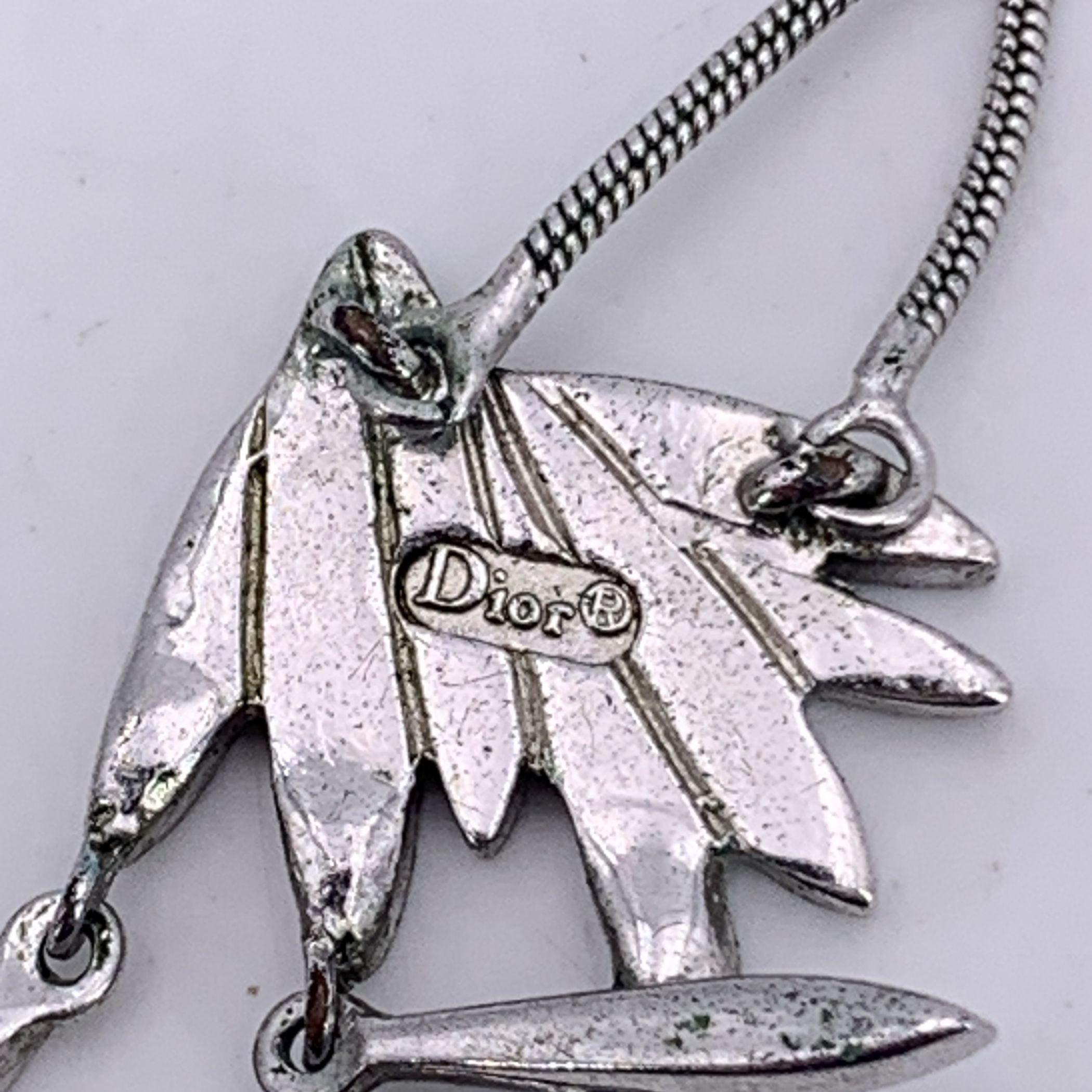 Christian Dior Vintage Silver Metal Necklace Crystal Leaf Tribal Style For Sale 1