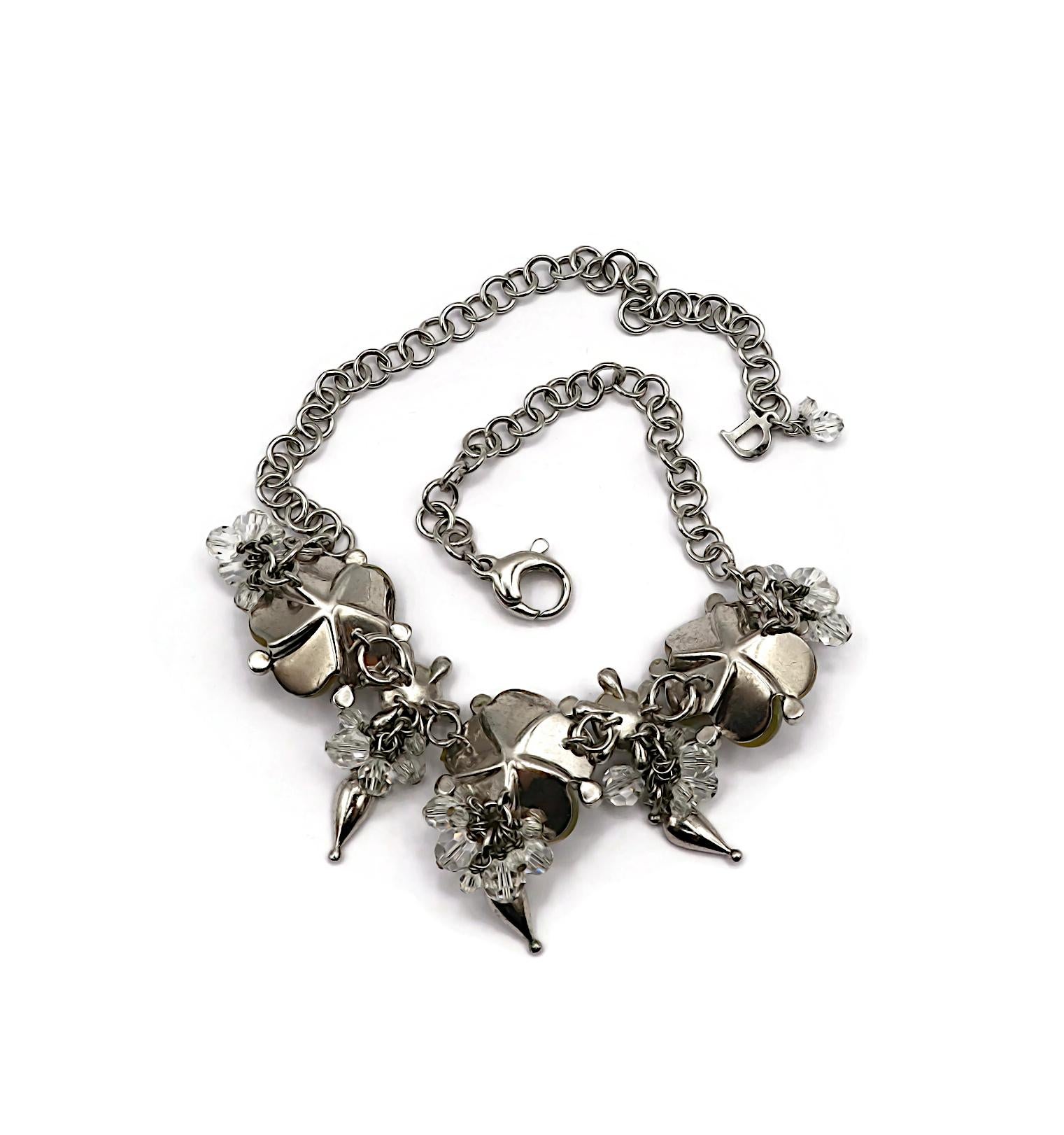 CHRISTIAN DIOR Vintage Silver Tone Crystal & Resin Flower Necklace For Sale 9