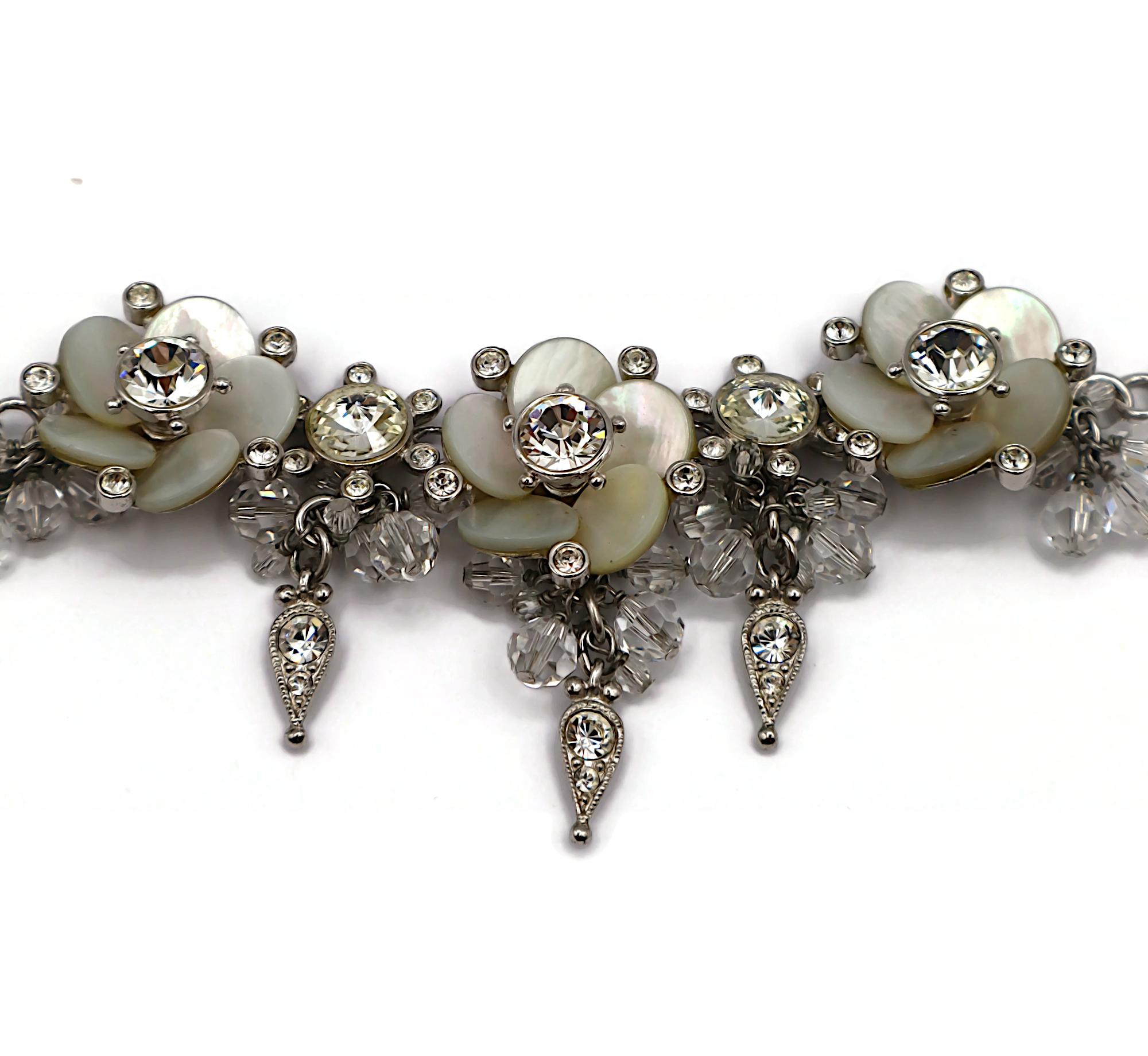 CHRISTIAN DIOR Vintage Silver Tone Crystal & Resin Flower Necklace For Sale 4