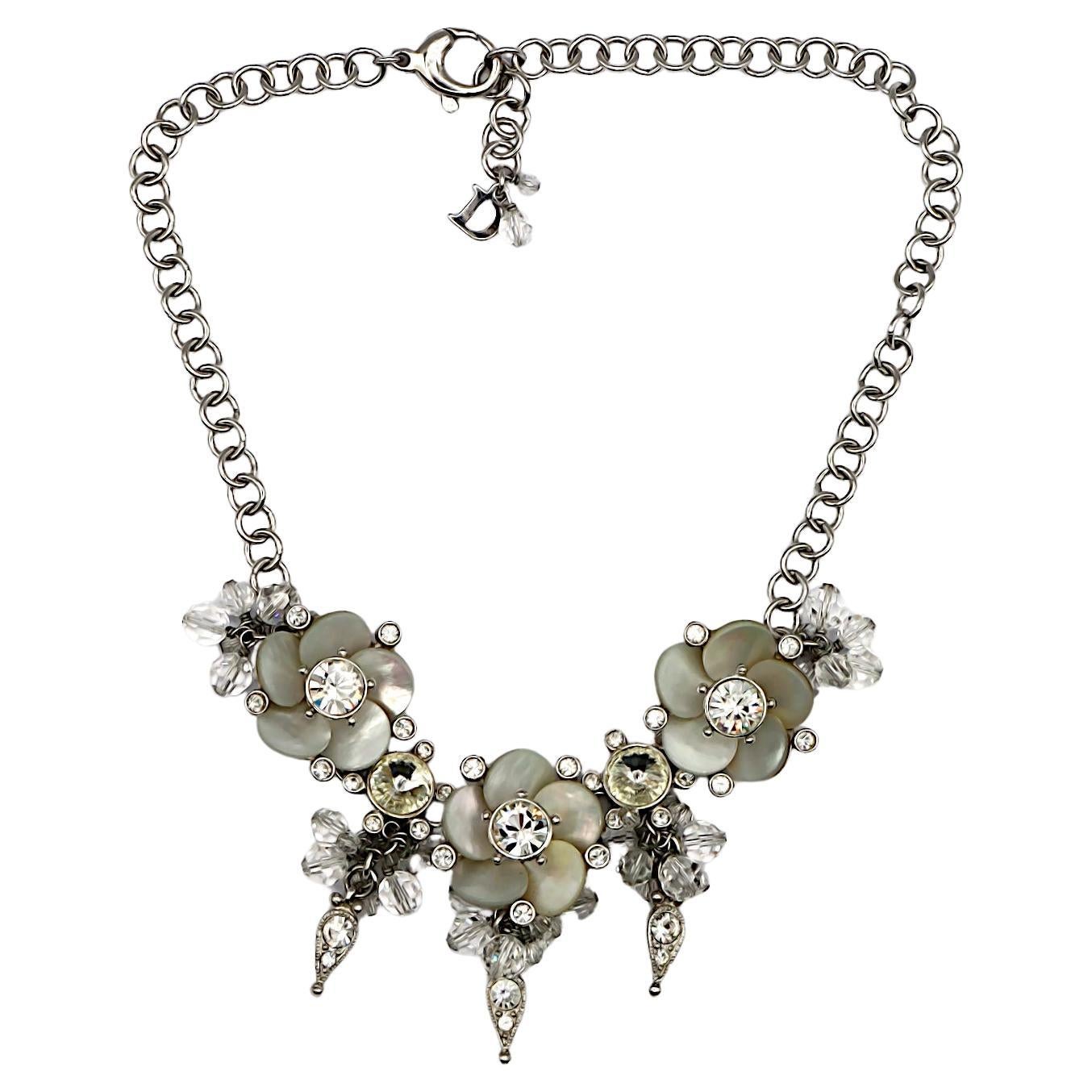 CHRISTIAN DIOR Vintage Silver Tone Crystal & Resin Flower Necklace For Sale