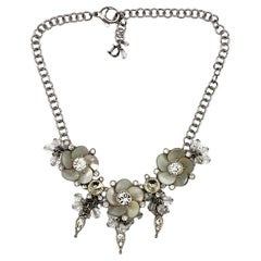 CHRISTIAN DIOR Vintage Silver Tone Crystal & Resin Flower Necklace