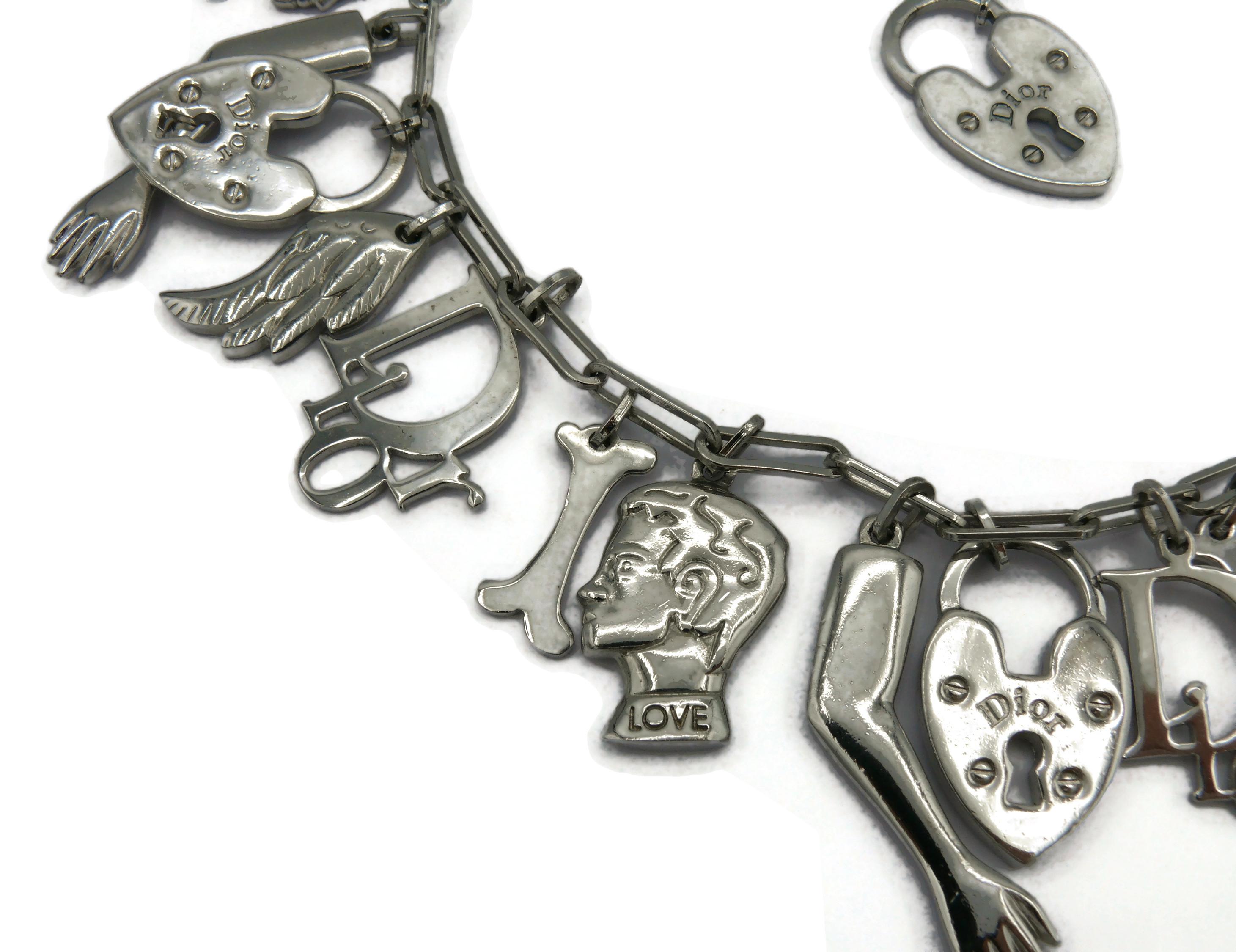 CHRISTIAN DIOR Vintage Silver Tone Figural Charm Necklace In Good Condition For Sale In Nice, FR