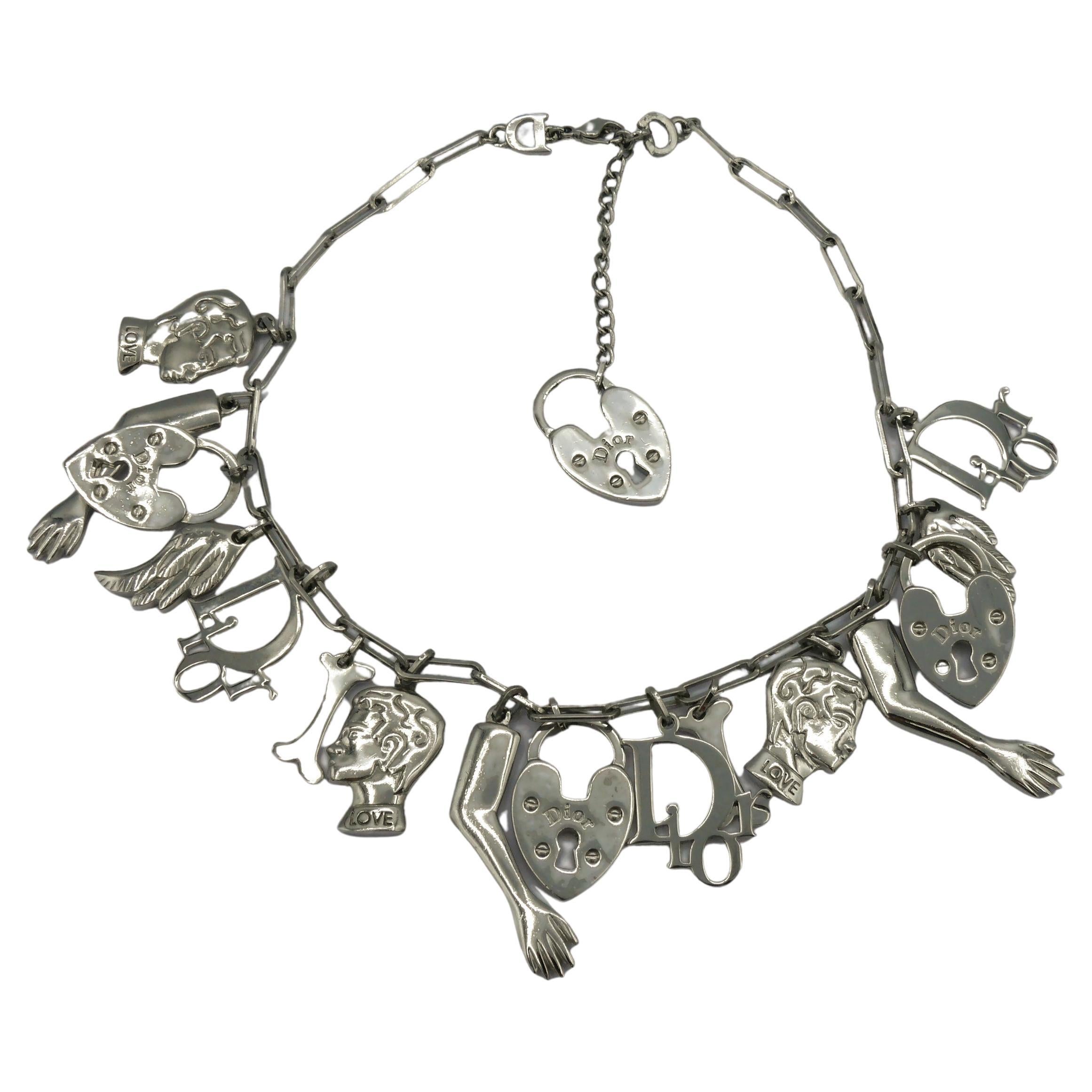 CHRISTIAN DIOR Vintage Silver Tone Figural Charm Necklace For Sale