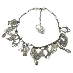 CHRISTIAN DIOR Vintage Silver Tone Figural Charm Necklace