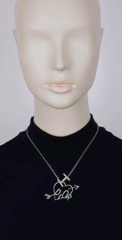 CHRISTIAN DIOR Vintage Silver Tone I Love Dior Arrow Heart Pendant Necklace