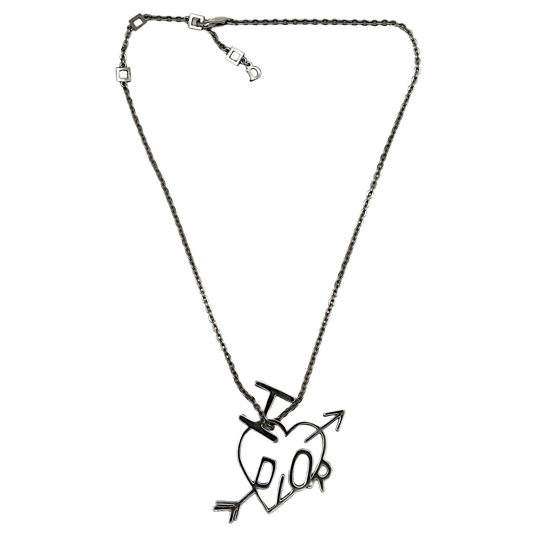 CHRISTIAN DIOR Vintage Silver Tone I Love Dior Arrow Heart Pendant Necklace For Sale
