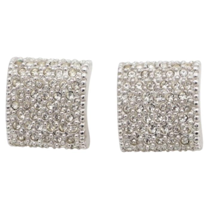 Christian Dior Vintage Silver Whole Crystals Square Rectangle Pierced Earrings