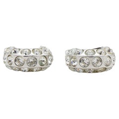 Christian Dior Vintage Silver Whole Large Sparkling Crystals Hoop Domed Earrings