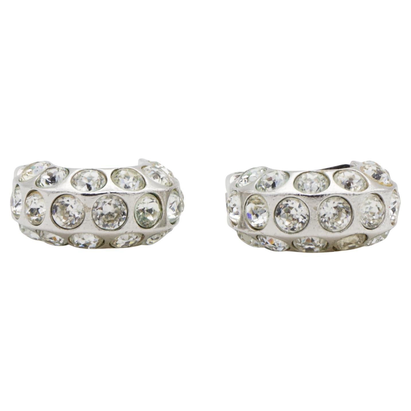 Christian Dior Vintage Silver Whole Large Sparkling Crystals Hoop Domed Earrings