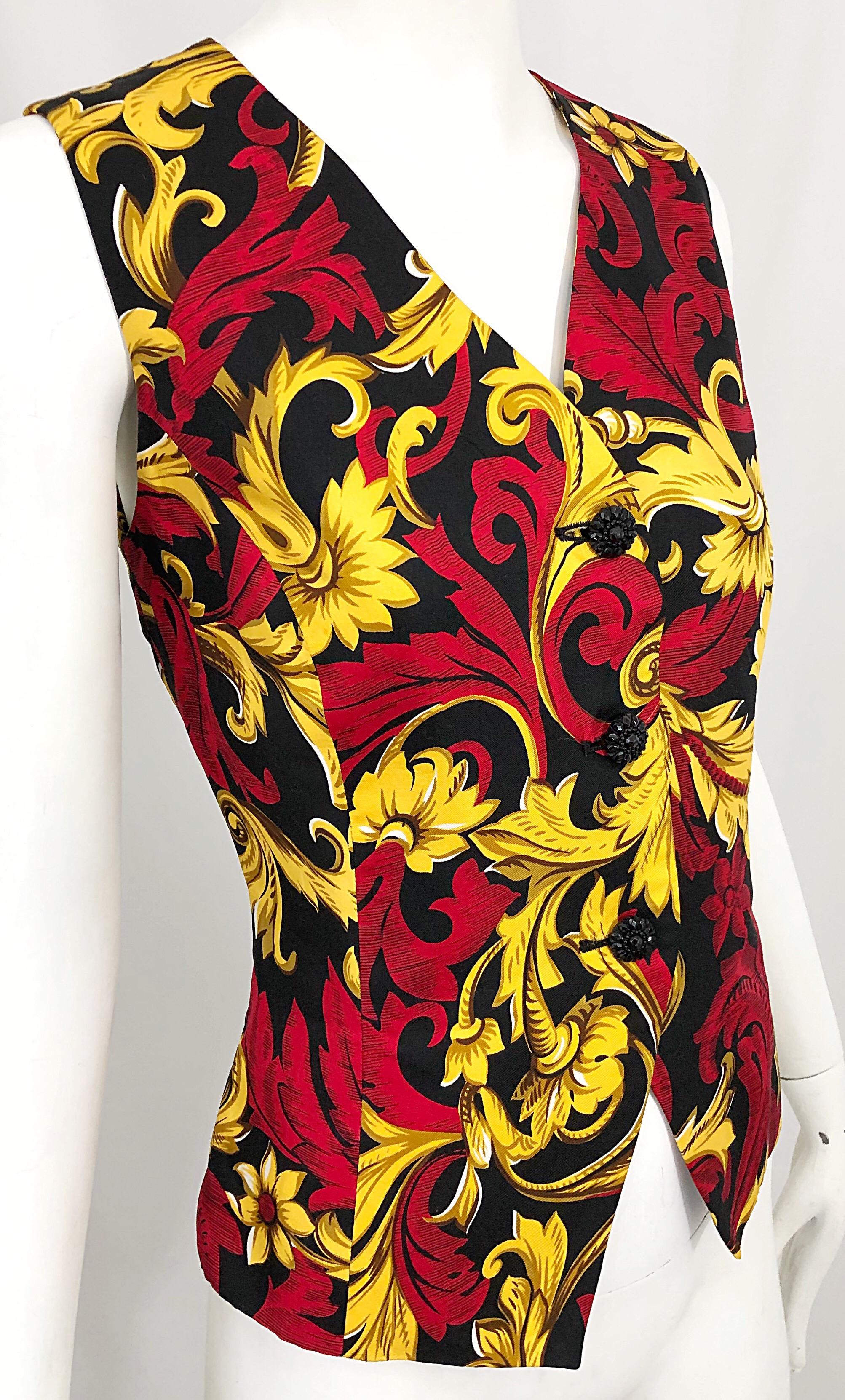 Christian Dior Vintage Size 10 Red + Gold Regal Print Silk Sleeveless Vest Top 3