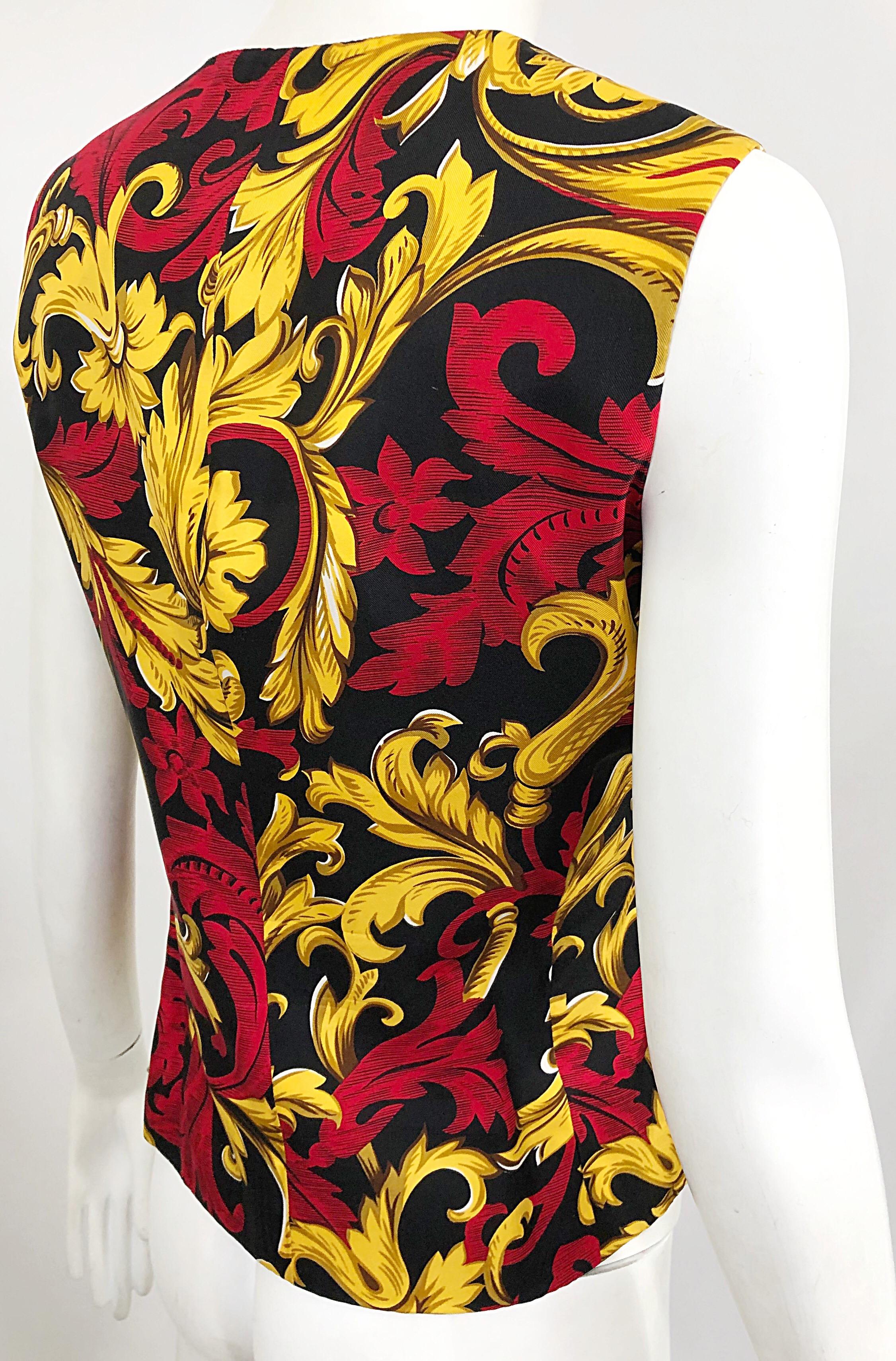Christian Dior Vintage Size 10 Red + Gold Regal Print Silk Sleeveless Vest Top 4