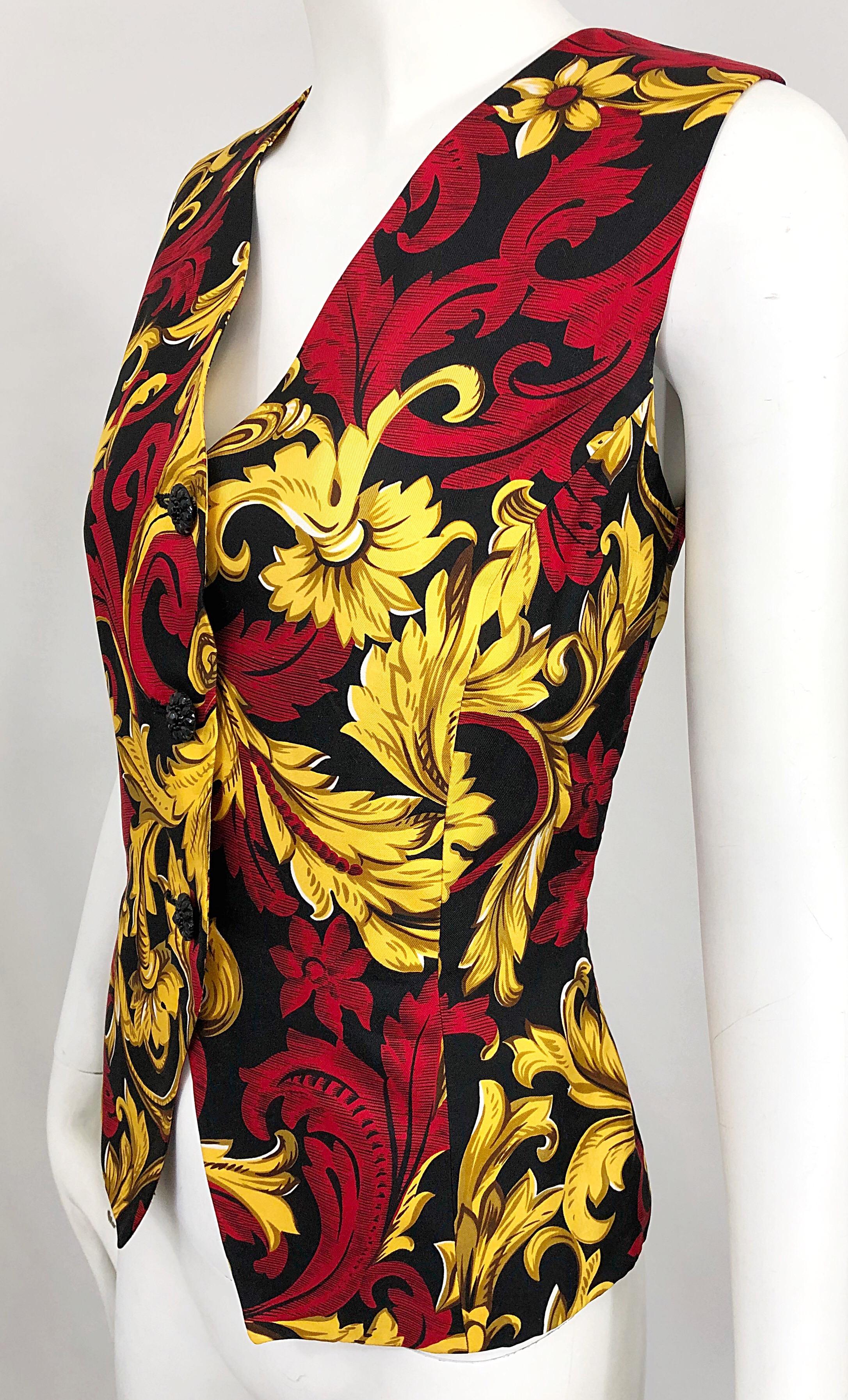 Christian Dior Vintage Size 10 Red + Gold Regal Print Silk Sleeveless Vest Top 5