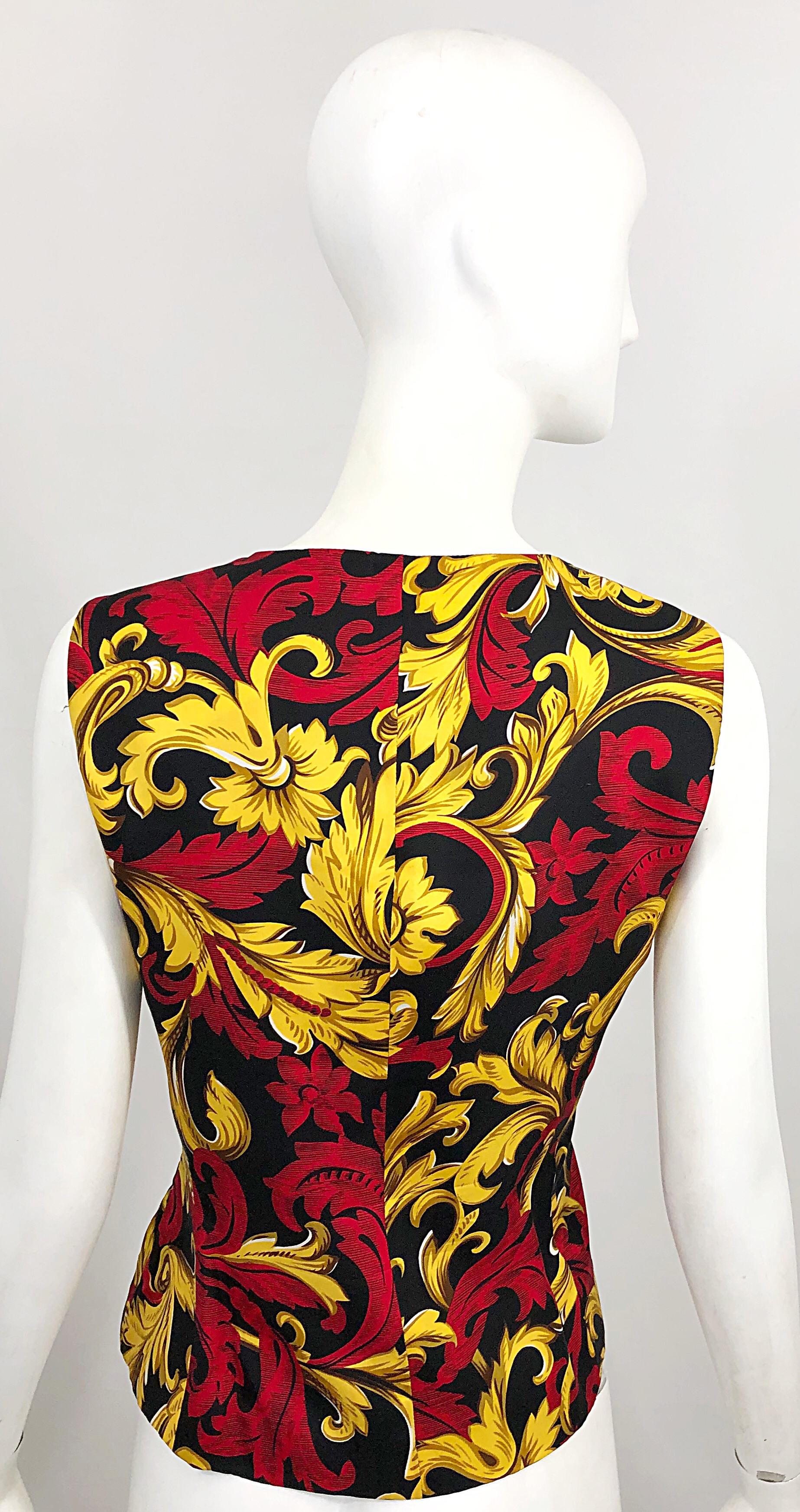 Christian Dior Vintage Size 10 Red + Gold Regal Print Silk Sleeveless Vest Top 6