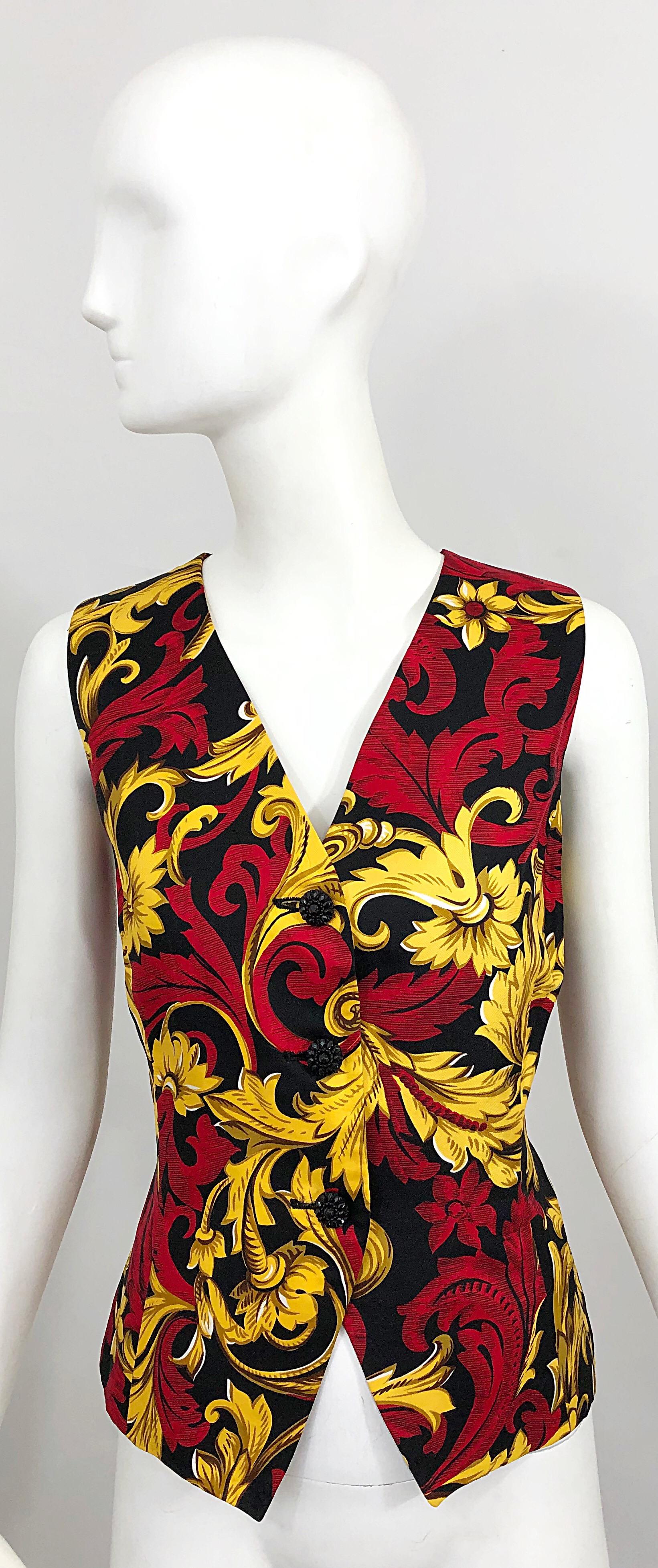 Christian Dior Vintage Size 10 Red + Gold Regal Print Silk Sleeveless Vest Top 7