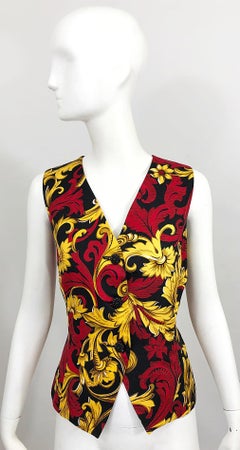 Christian Dior Vintage Talla 10 Top sin mangas de seda con estampado Regal rojo + dorado
