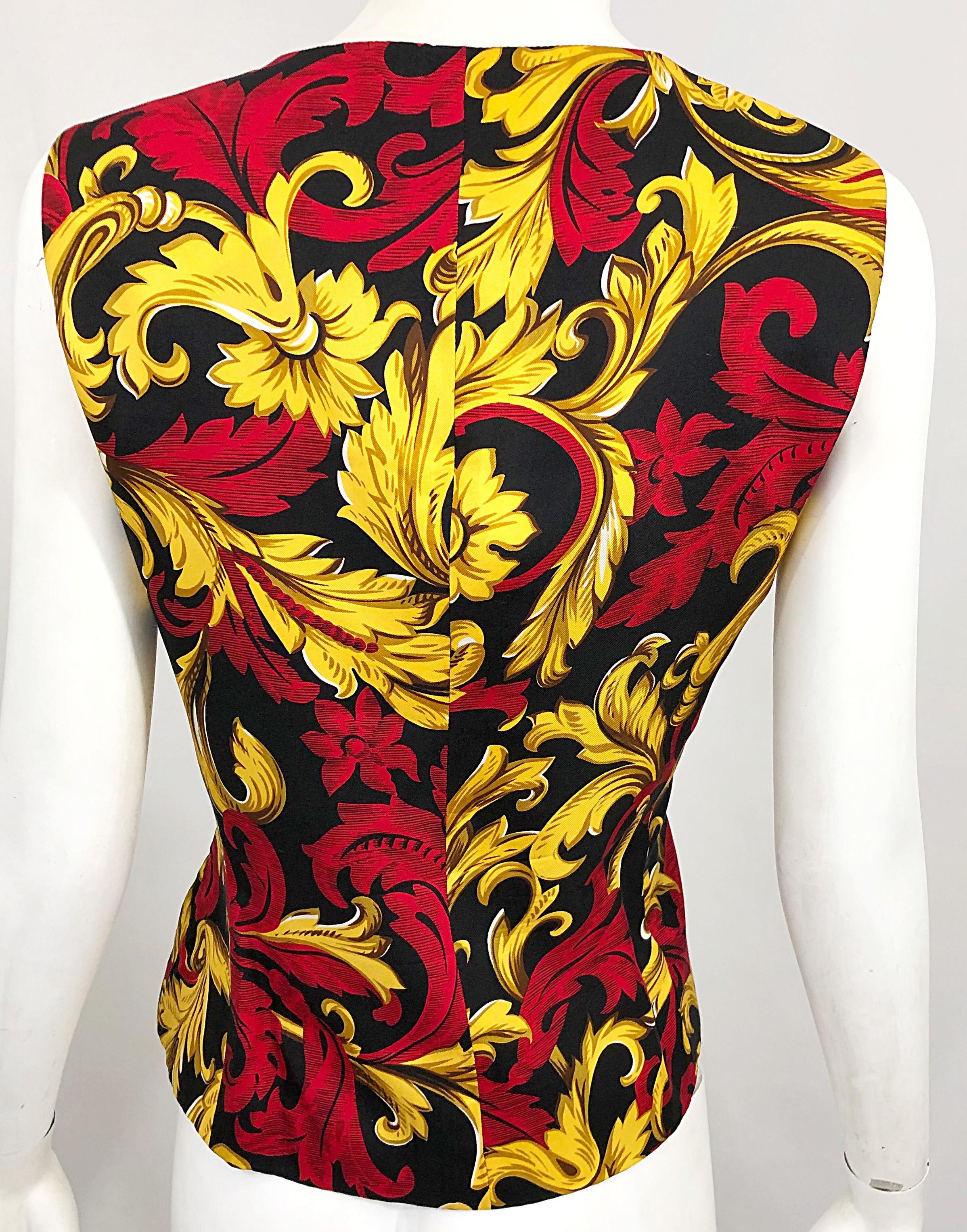 Women's Christian Dior Vintage Size 10 Red + Gold Regal Print Silk Sleeveless Vest Top
