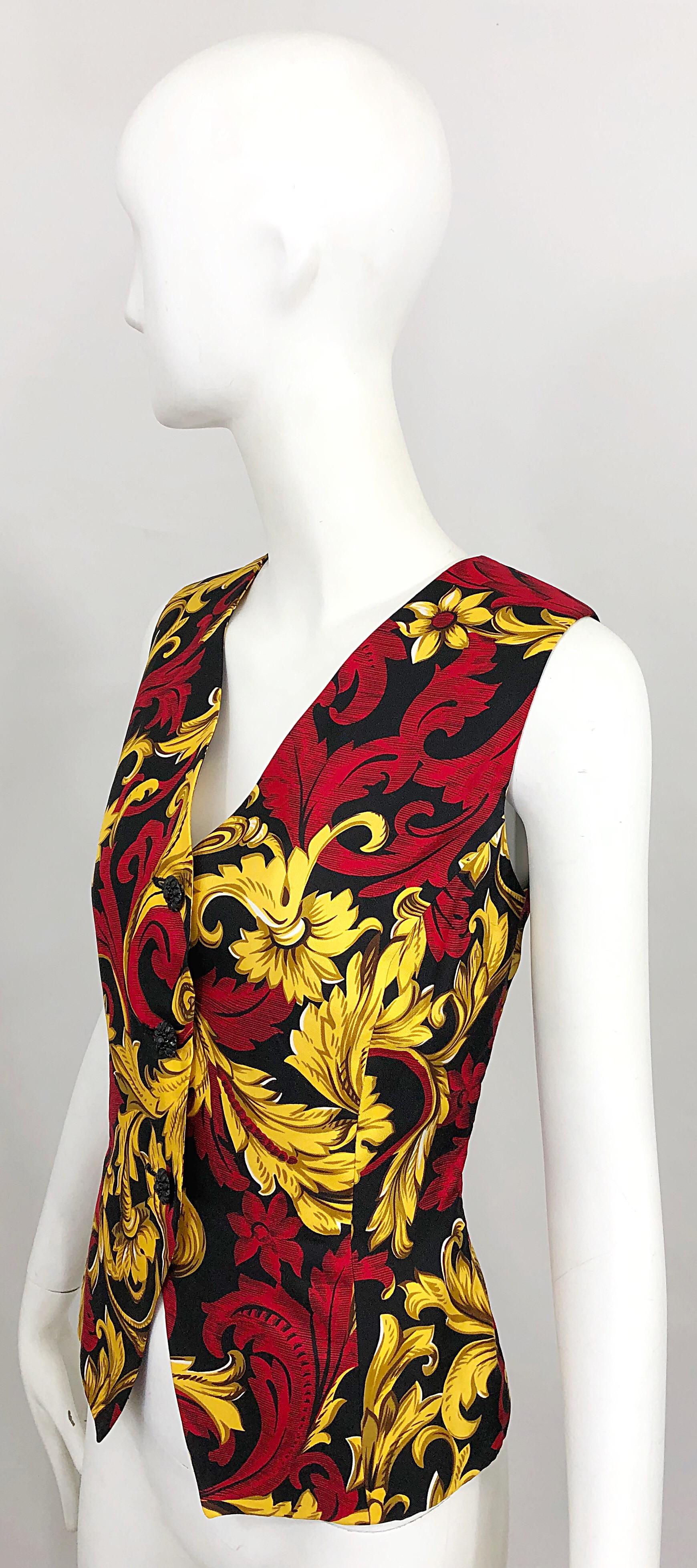 Christian Dior Vintage Size 10 Red + Gold Regal Print Silk Sleeveless Vest Top 1