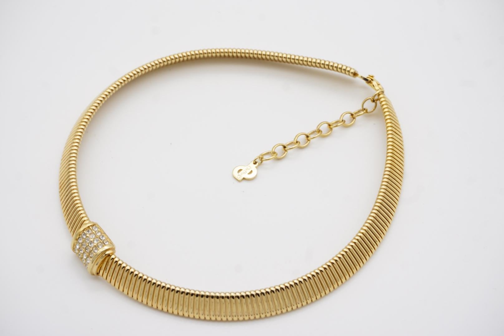 Christian Dior Vintage Square Crystal Pendant Choker Omega Collar Gold Necklace 5
