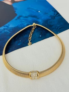 Christian Dior Vintage Square Crystal Pendant Choker Omega Collar Gold Necklace