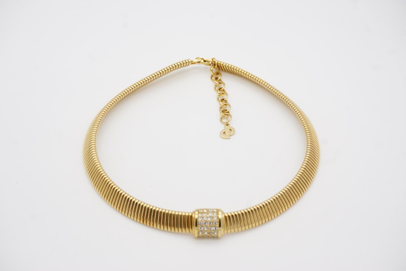 Christian Dior Vintage Square Crystal Pendant Choker Omega Collar Gold Necklace 4