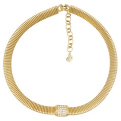 Christian Dior Vintage Square Crystal Pendant Choker Omega Collar Gold Necklace