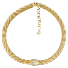 Christian Dior Vintage Square Crystal Pendant Choker Omega Collar Gold Necklace