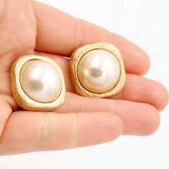 Christian Dior Vintage Square Textured Gold Pierced Earrings w Oversized Pearl