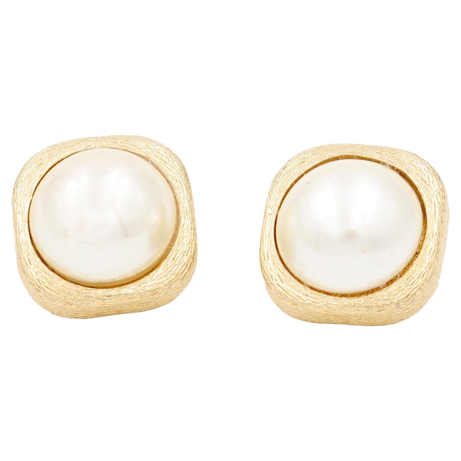 Christian Dior Vintage Square Textured Gold Pierced Earrings w Oversized Pearl For Sale
