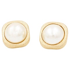 Christian Dior Retro Square Textured Gold Pierced Earrings w Oversized Pearl