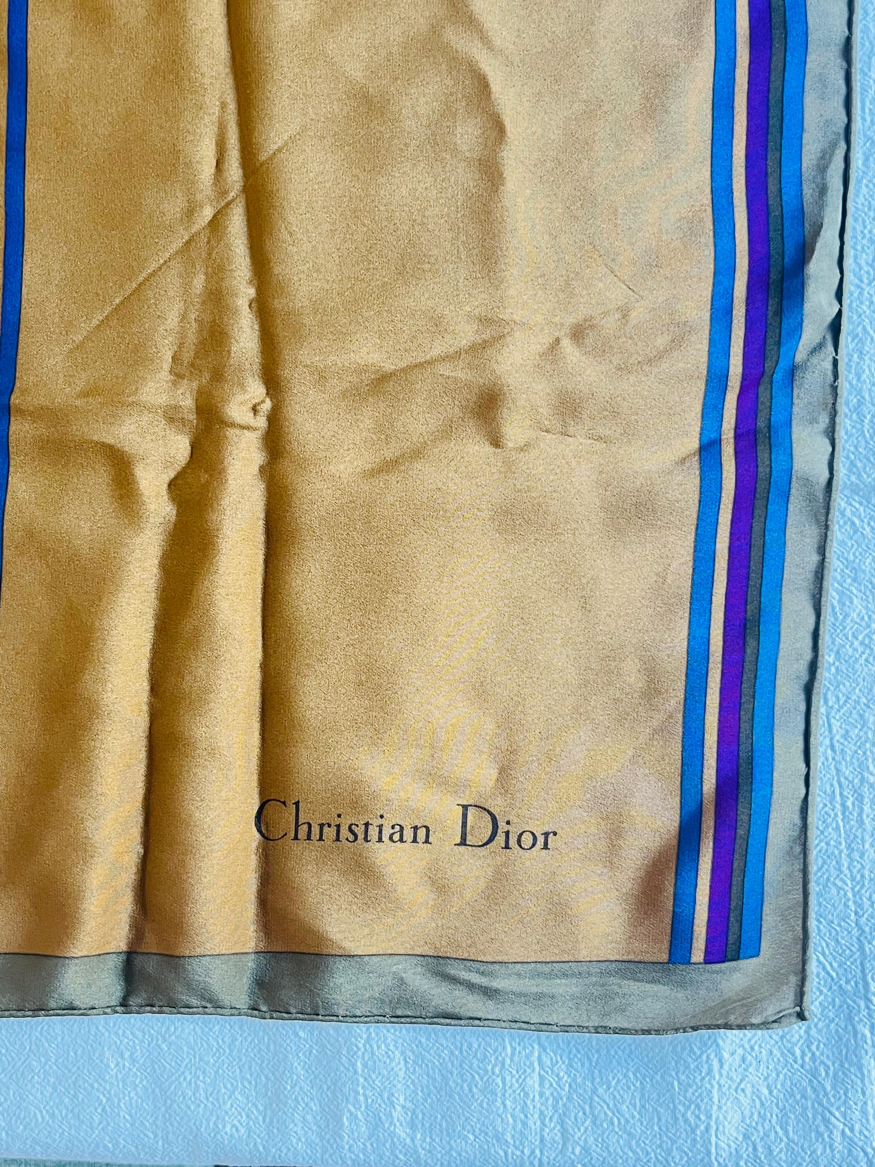 Black Christian Dior Vintage Striped Brown Orange Yellow Elegant Retro Silk Scarf