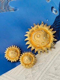 Christian Dior Vintage Sun Crescent Moon Stars Crystals Round Gold Chunky 2 Set