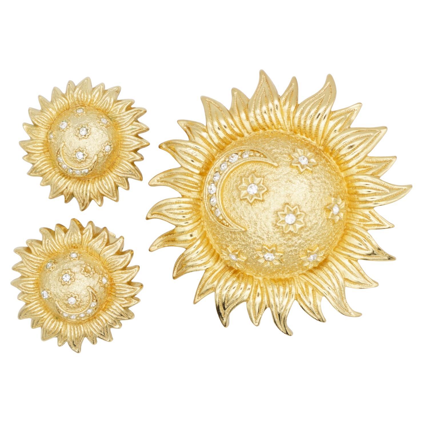 Christian Dior Vintage Sun Crescent Moon Stars Crystals Round Gold Chunky 2 Set For Sale