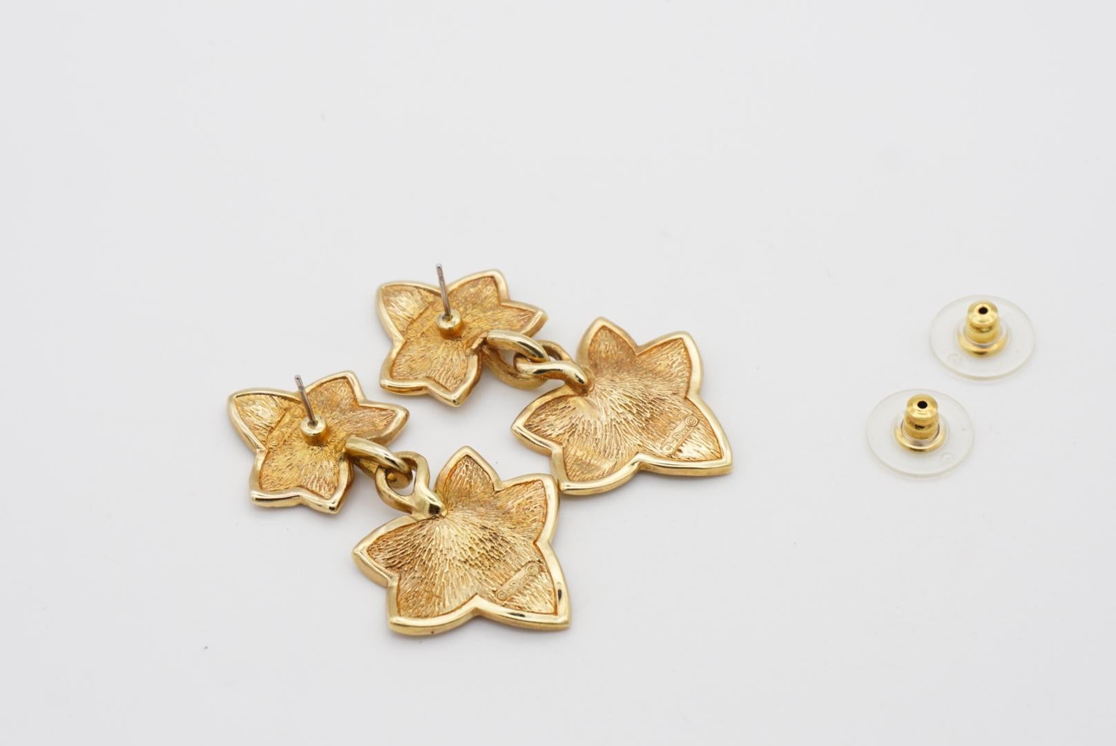 Christian Dior Vintage Textured Double Maple Leaf Drop Gold Pierced Earrings 8