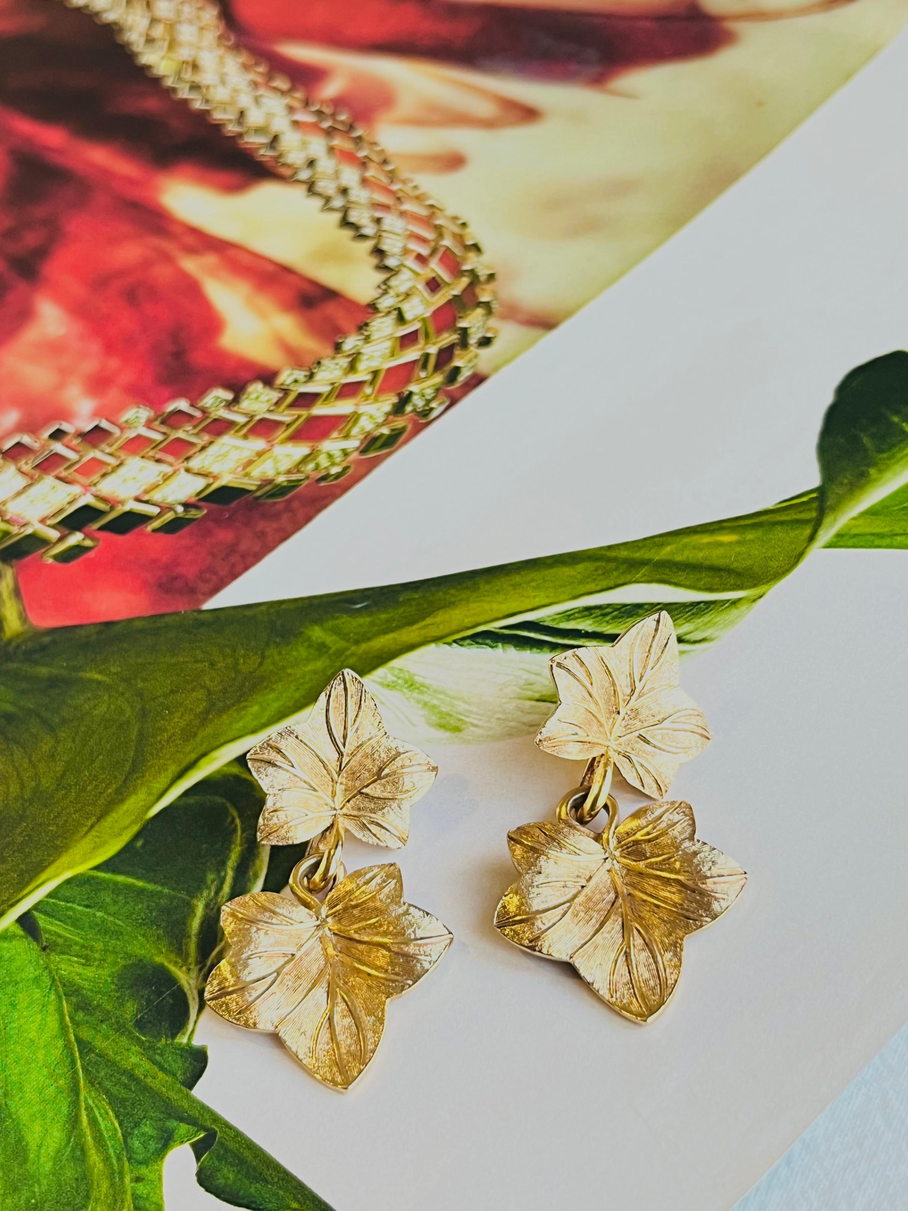 Women's or Men's Christian Dior Vintage Textured Double Maple Leaf Drop Gold Pierced Earrings