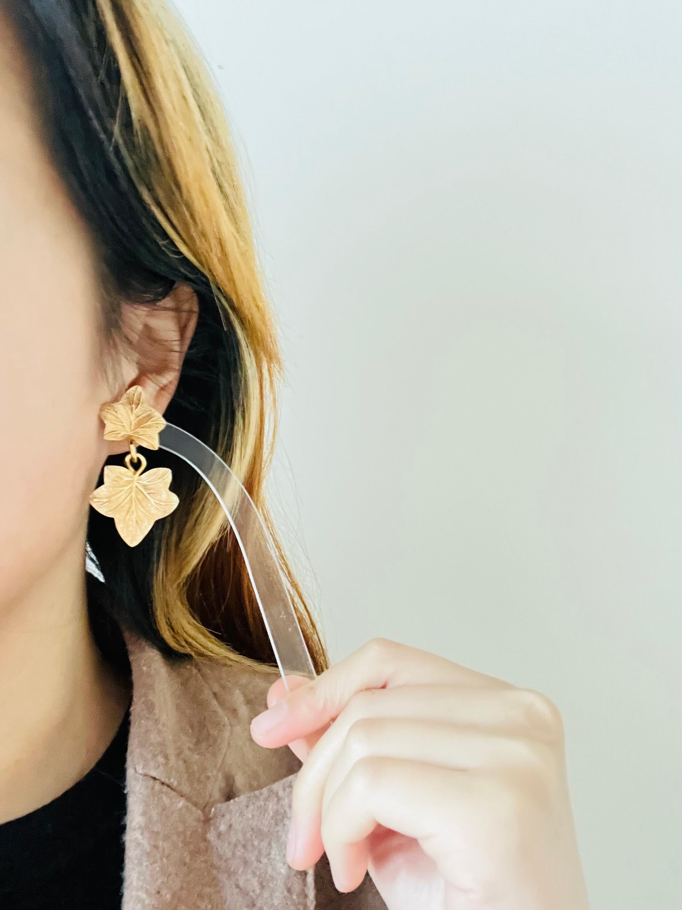 Christian Dior Vintage Textured Double Maple Leaf Drop Gold Pierced Earrings 2