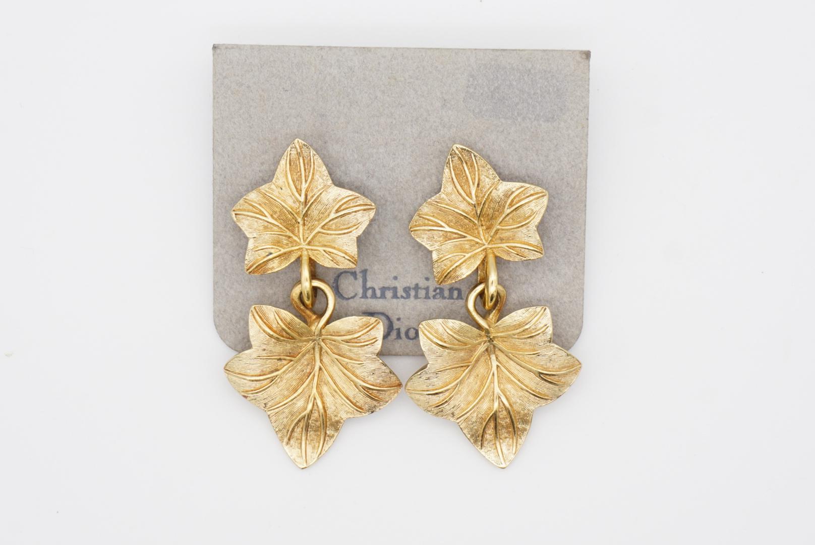 Women's or Men's Christian Dior Vintage Textured Double Maple Leaf Drop Gold Pierced Earrings For Sale