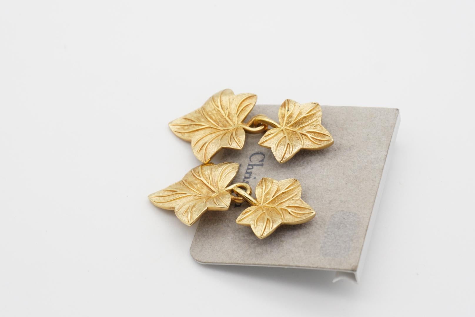Christian Dior Vintage Textured Double Maple Leaf Drop Gold Pierced Earrings For Sale 1