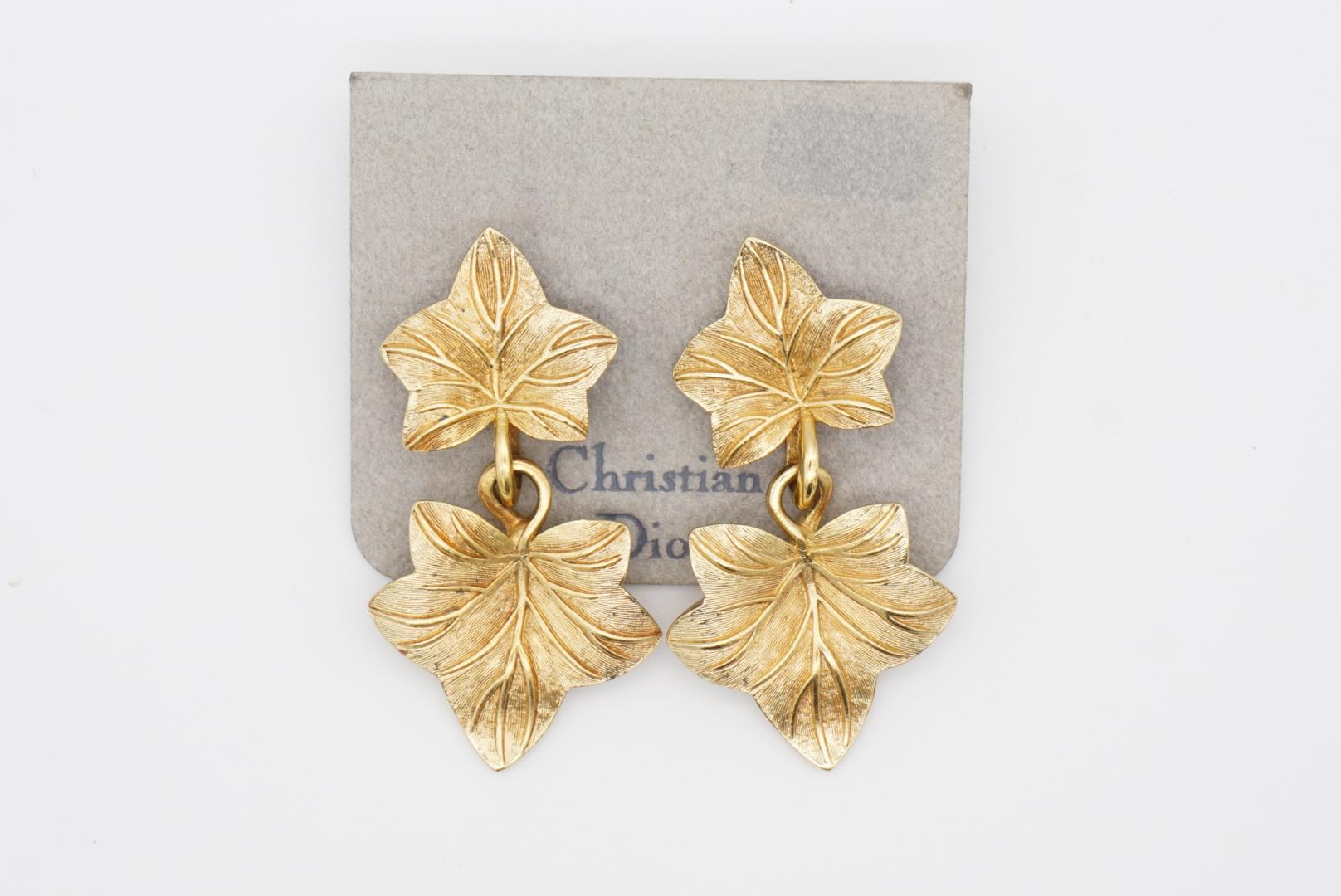 Christian Dior Vintage Textured Double Maple Leaf Drop Gold Pierced Earrings 4