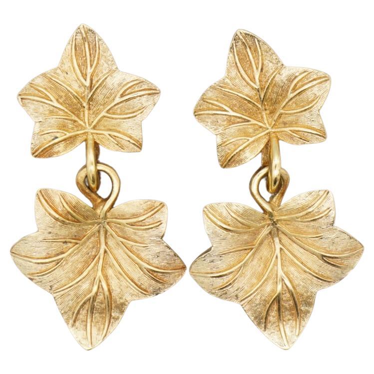 Christian Dior Vintage Textured Double Maple Leaf Drop Gold Pierced Earrings For Sale