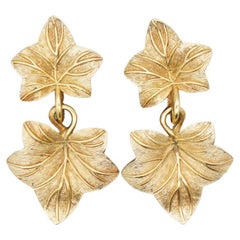 Christian Dior Retro Textured Double Maple Leaf Drop Gold Pierced Earrings