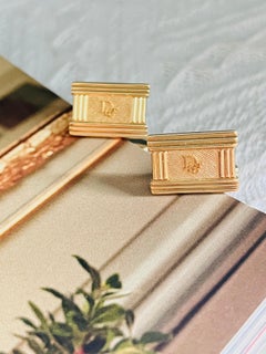 Christian Dior Vintage Textured Gold Iconic Logo Monogram Rectangle Cufflinks
