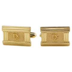 Christian Dior Vintage Textured Gold Iconic Logo Monogram Rectangle Cufflinks