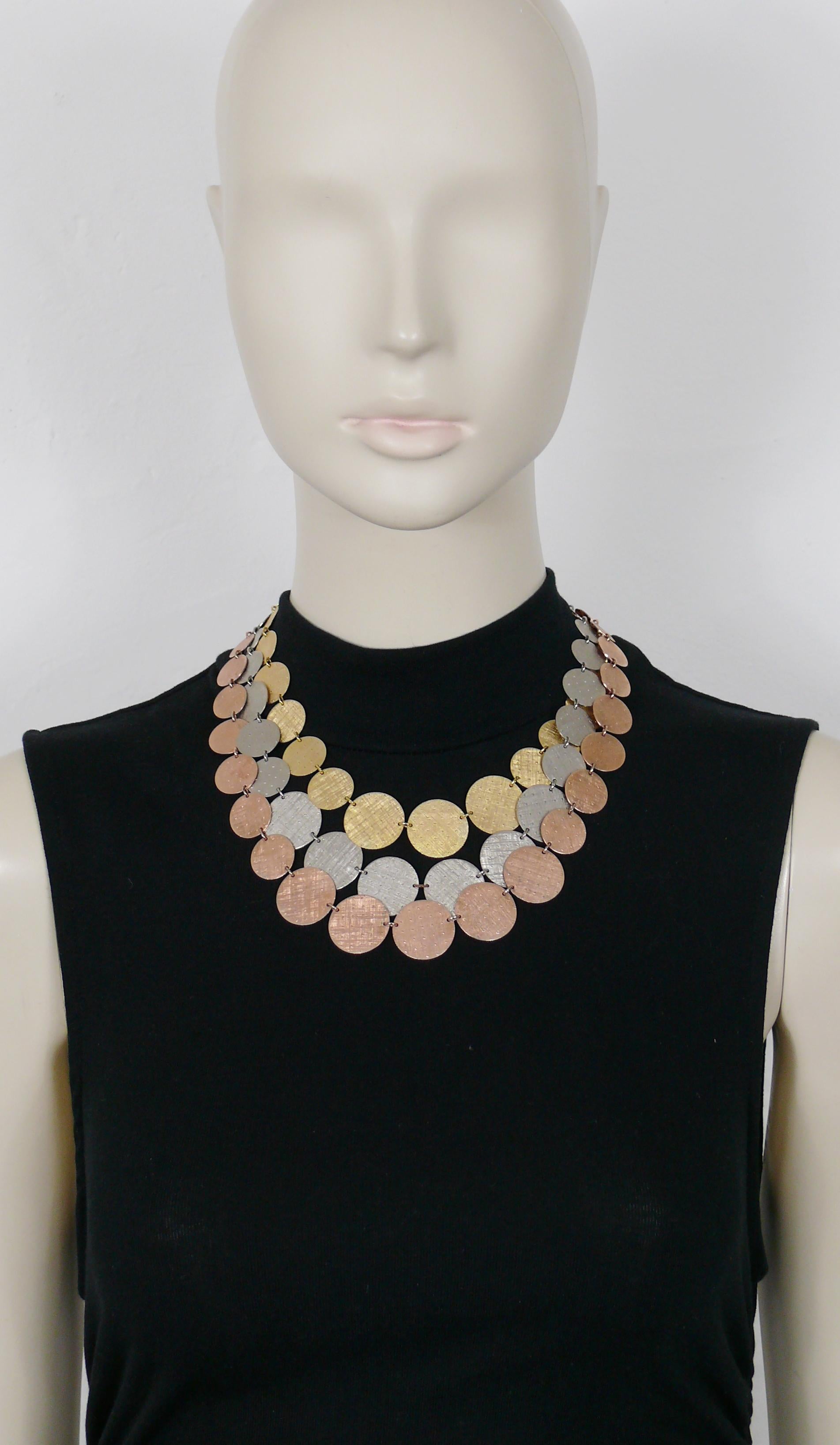 CHRISTIAN DIOR vintage three strand necklace featuring graduated textured gold toned, silver toned and copper toned discs.

Push button closure.

Embossed CHR. DIOR Germany 1966.

Indicative measurements : length approx. 42.5 cm (16.73 inches) /