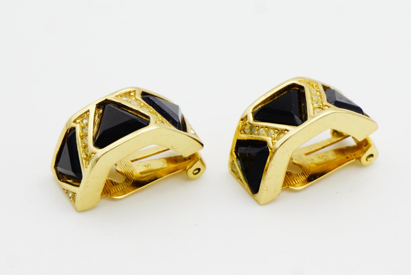 Christian Dior Vintage Trio Black Triangle Crystal Half Dome Hoop Clip Earrings For Sale 5