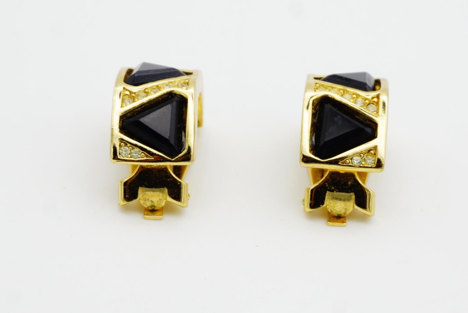 Christian Dior Vintage Trio Black Triangle Crystal Half Dome Hoop Clip Earrings For Sale 6