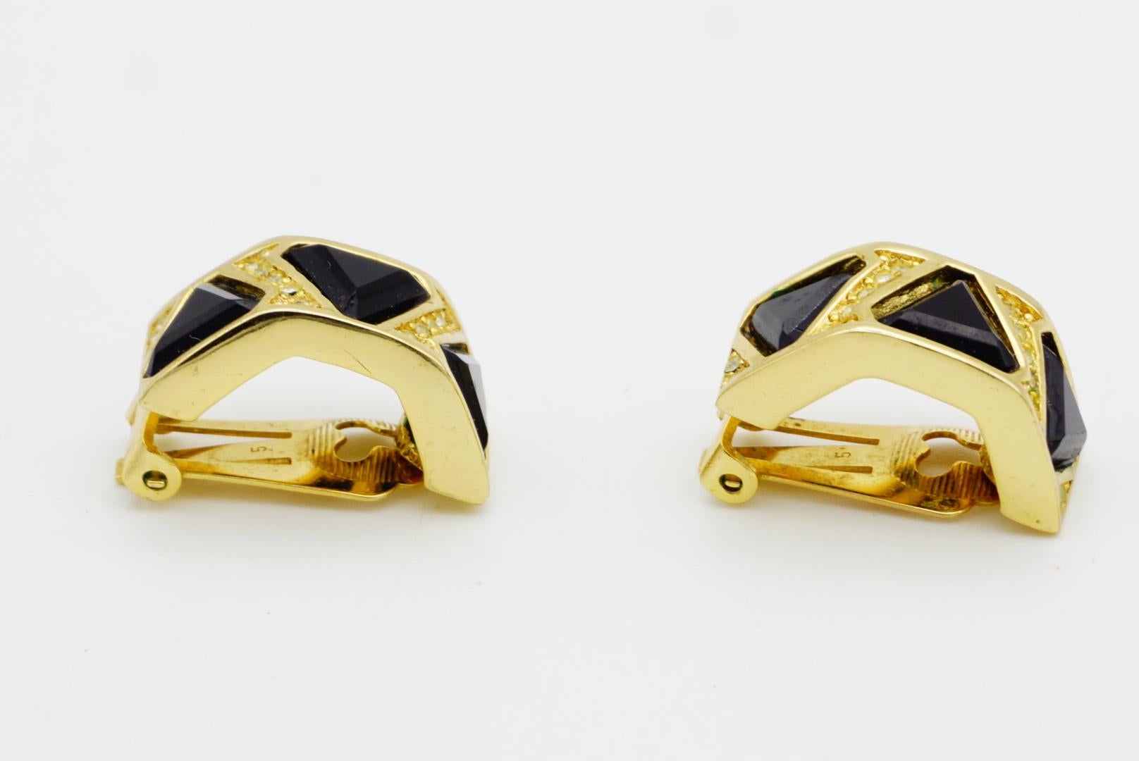 Christian Dior Vintage Trio Black Triangle Crystal Half Dome Hoop Clip Earrings For Sale 7