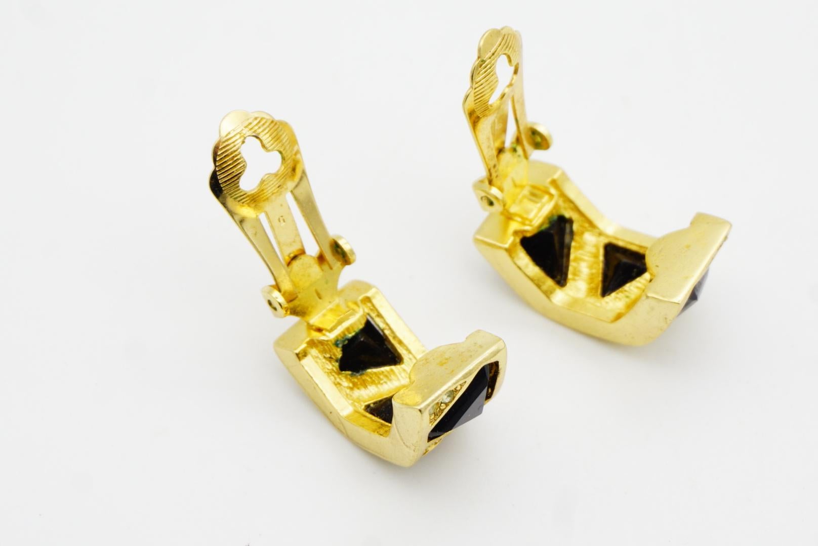 Christian Dior Vintage Trio Black Triangle Crystal Half Dome Hoop Clip Earrings For Sale 9