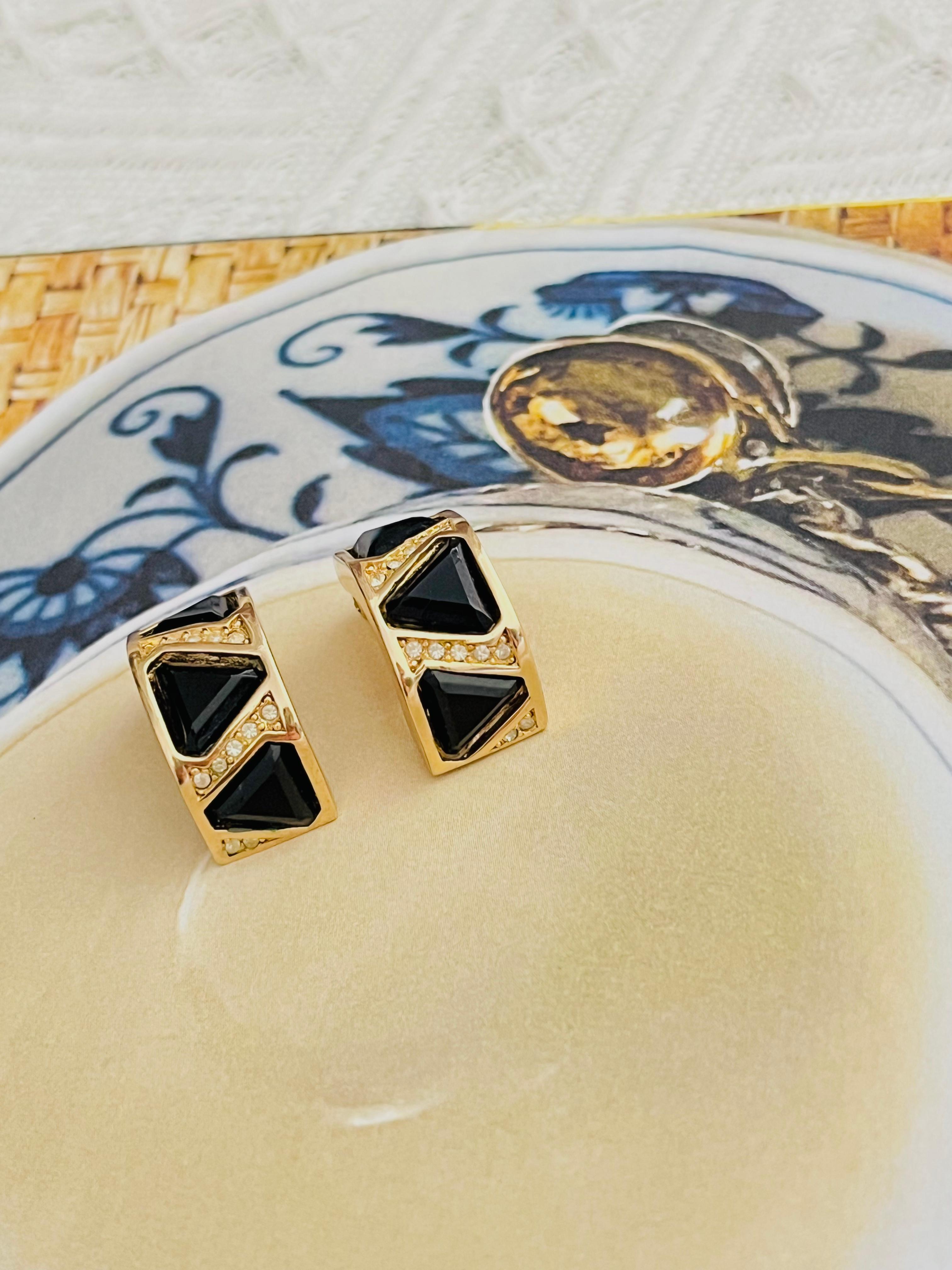 Art Deco Christian Dior Vintage Trio Black Triangle Crystal Half Dome Hoop Clip Earrings For Sale