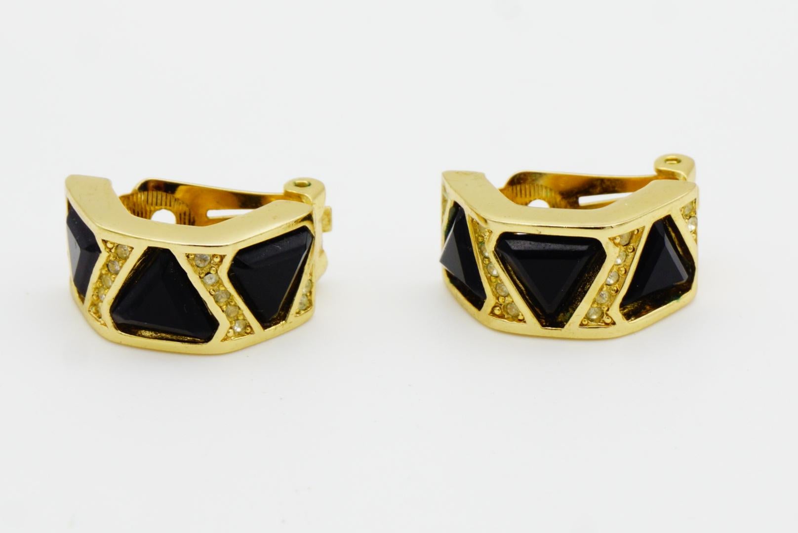 Christian Dior Vintage Trio Black Triangle Crystal Half Dome Hoop Clip Earrings For Sale 3